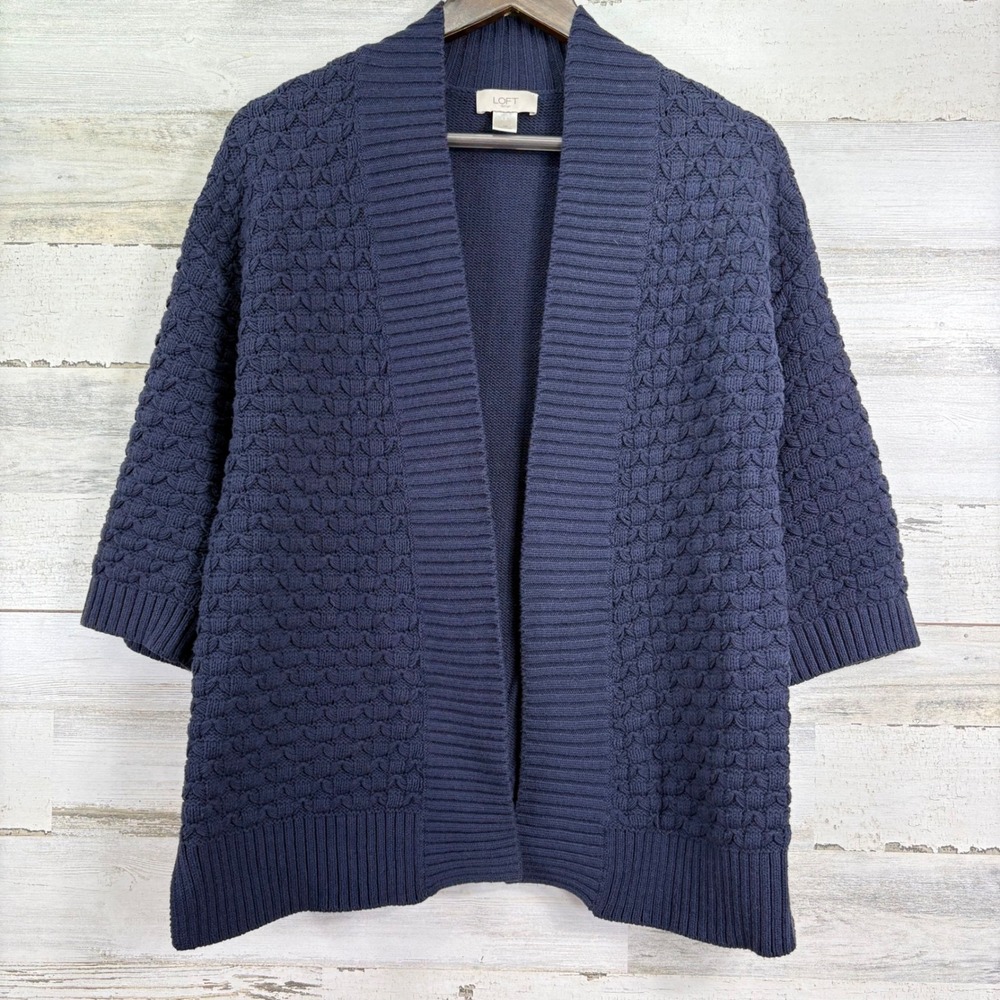 LOFT Navy‎ Blue Textured Open Front 3/4 Sleeve Cardigan Sweater